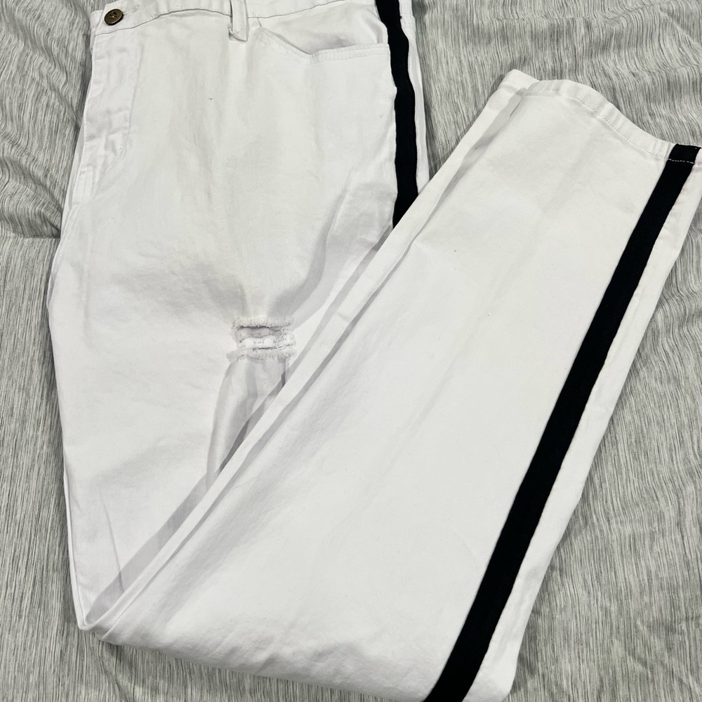 Mens White Jeans with Black Side Stripe